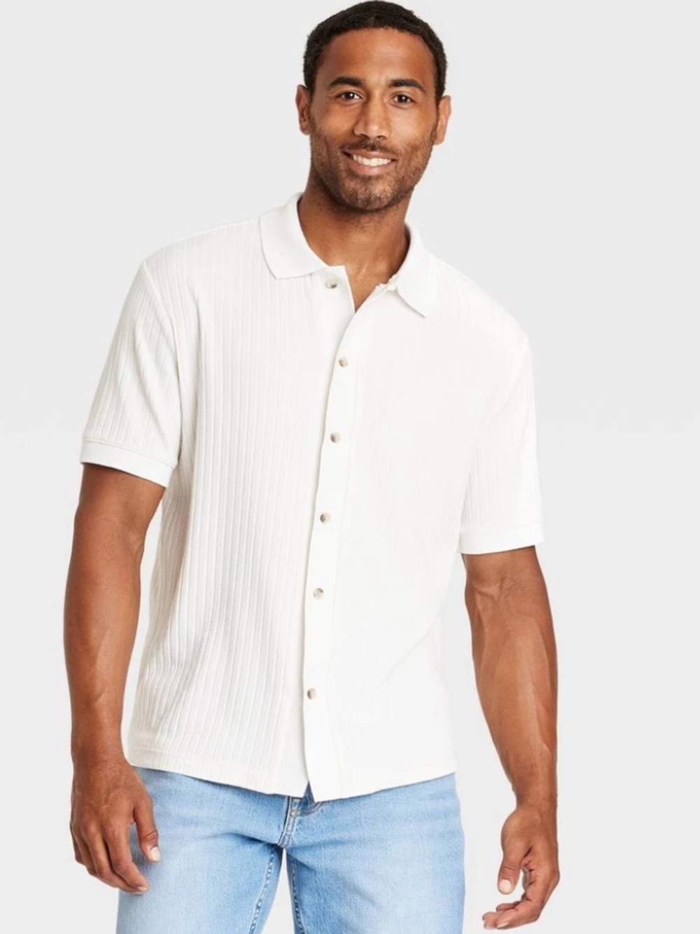 Men's White Short-Sleeve Button Polo Shirt